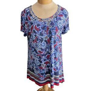 Ruby Rd Womens‎ Top Size L Paisley Beaded Neckline Short Sleeve Blue Red Boho